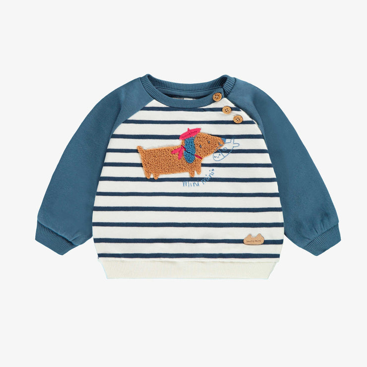 Chandail bleu et crème avec rayures et illustration, naissance 