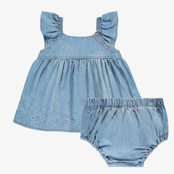 Robe et bloomer en denim avec broderie anglaise, naissance  