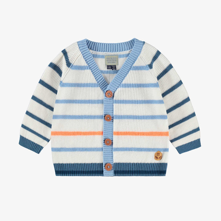 Cardigan blanc en tricot avec rayures bleues, bébé