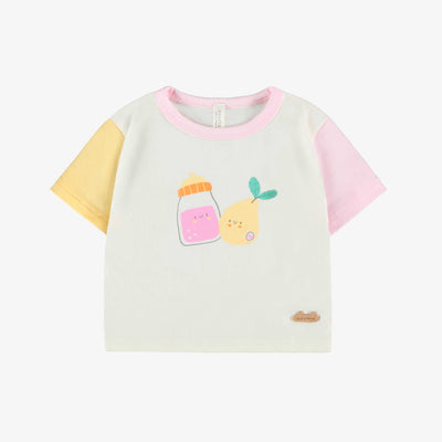 T-shirt crème, jaune et lilas avec illustration, naissance 