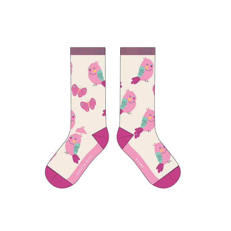 Chaussettes crème à motifs d'oiseaux, enfant || Cream socks with pear patterns, child