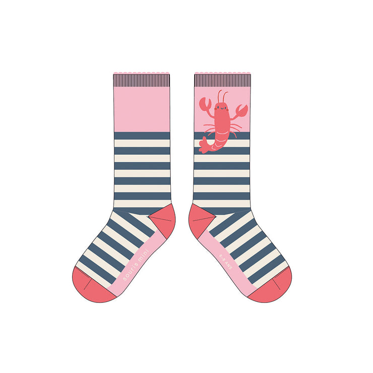 Chaussettes crème et marine avec rayures et homard, enfant
