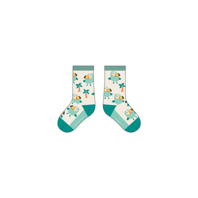 Chaussettes crème et turquoise à motifs de palmiers et toucans, bébé || Cream and turquoise socks wi