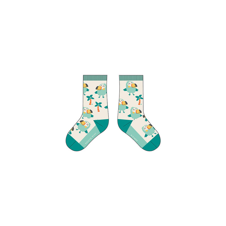 Chaussettes crème et turquoise à motifs de palmiers et toucans, bébé || Cream and turquoise socks wi