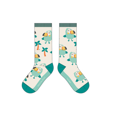Chaussettes crème et turquoise avec palmiers et toucans, enfant || Cream and turquoise socks with pa