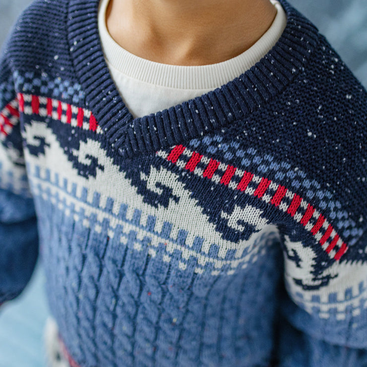 Zoom d'un enfant portant le chandail bleu en tricot torsadé, enfant