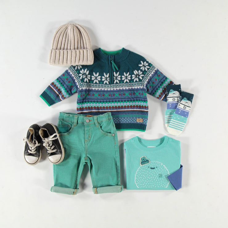 Chandail bleu sarcelle en tricot avec motifs, bébé