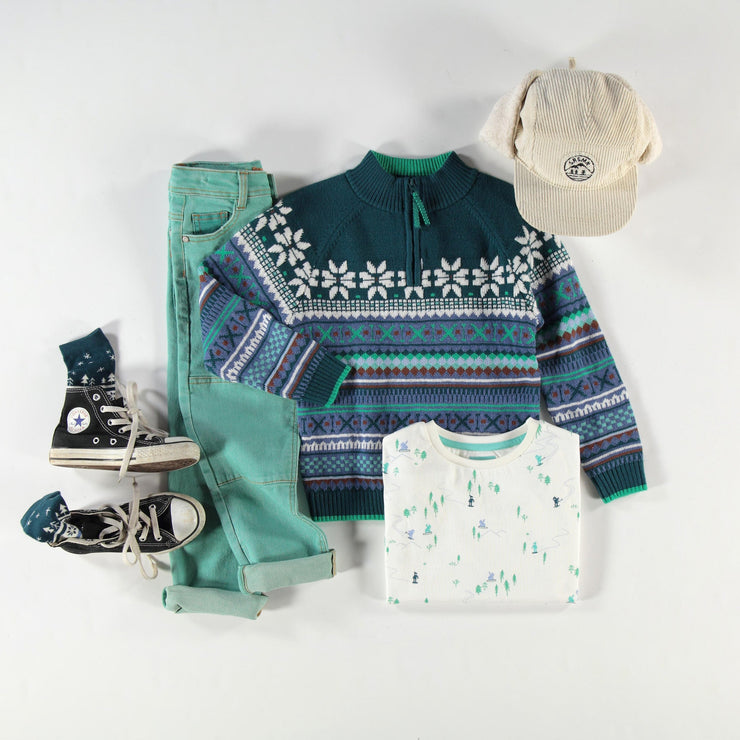 Chandail sarcelle en tricot avec motifs, enfant