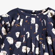 Zoom détails de la robe bleu marine à motifs, bébé