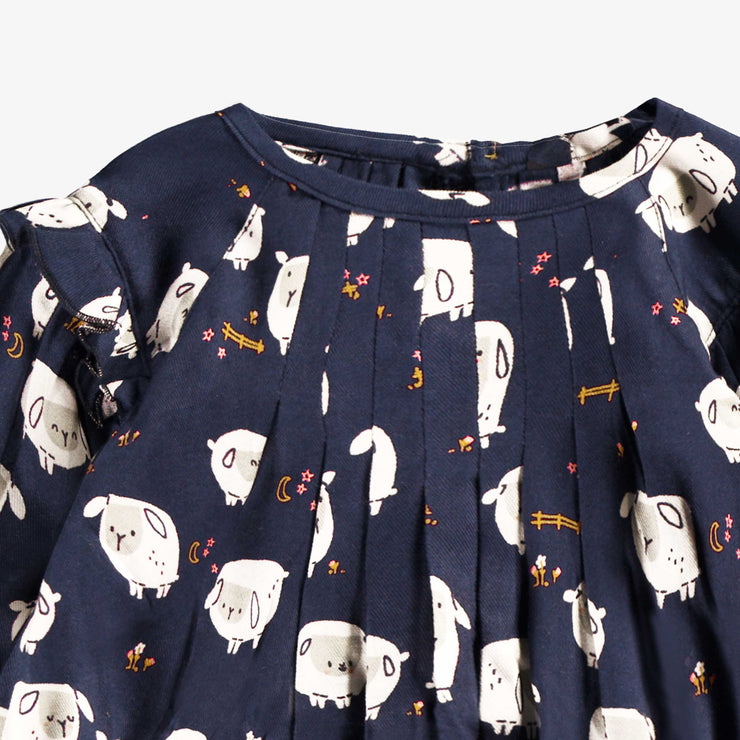 Zoom détails de la robe bleu marine à motifs, bébé