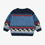 Dos du chandail bleu en tricot, bébé