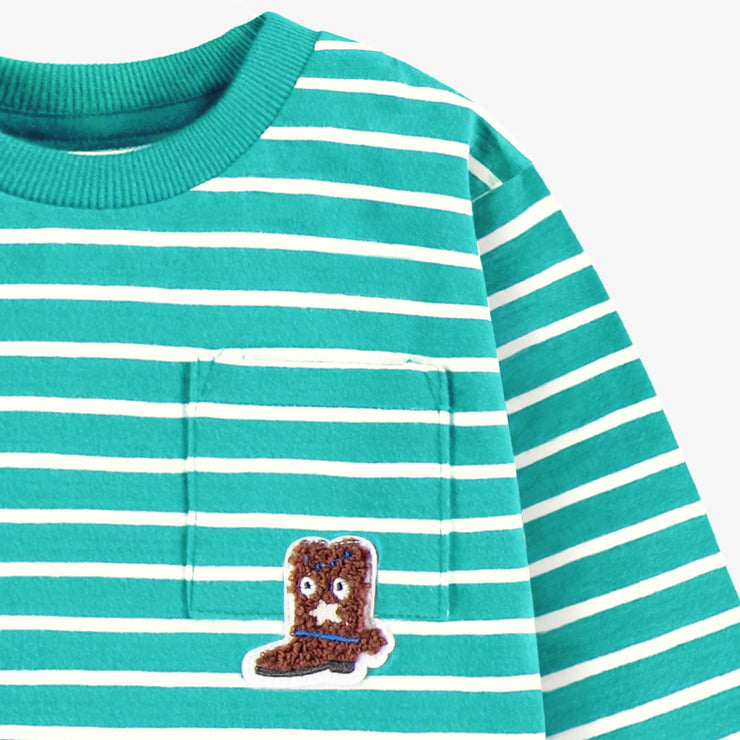 Zoom écusson du t-shirt turquoise à rayures, bébé