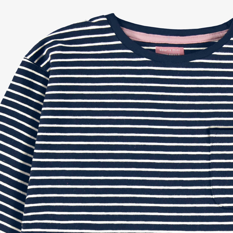 Zoom détails du t-shirt bleu marine à rayures, enfant