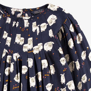 Zoom détails de la robe bleu marine à motifs, enfant