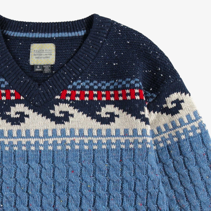 Zoom du chandail bleu en tricot torsadé, enfant