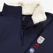 Zoom détails du chandail bleu marine avec zip 1/4, enfant