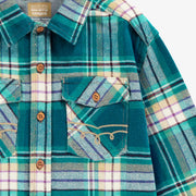 Zoom détails de la chemise turquoise à carreaux, enfant