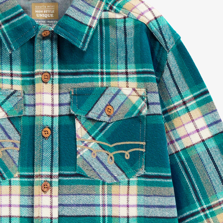 Zoom détails de la chemise turquoise à carreaux, enfant