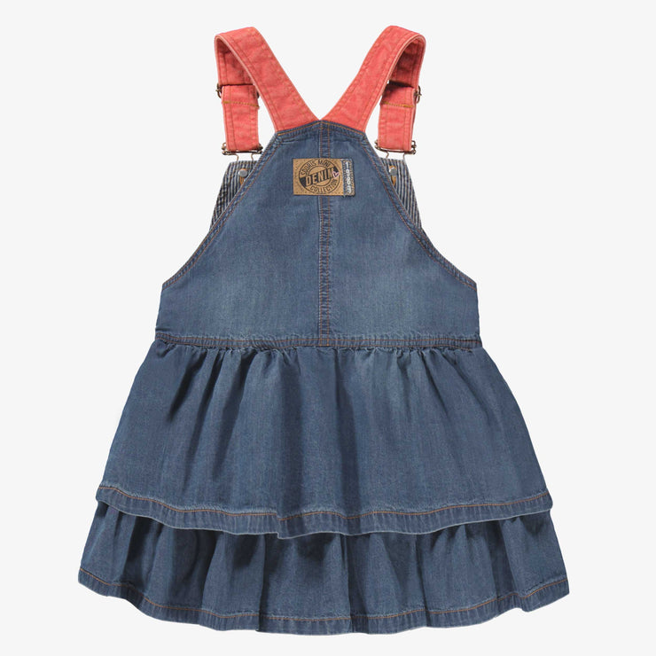 Dos de la robe chasuble bleue en denim, enfant