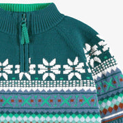 Zoom détails du chandail sarcelle en tricot avec motifs, enfant