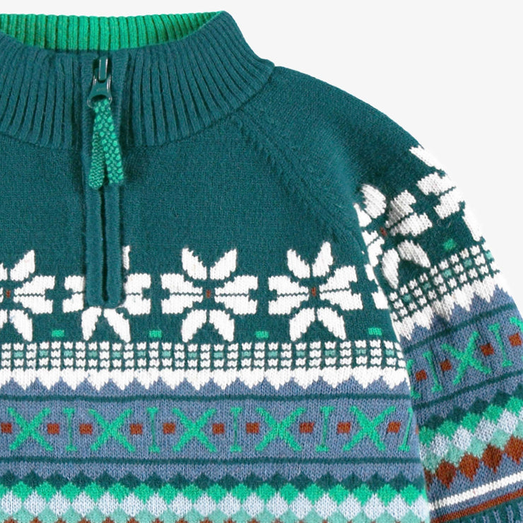 Zoom détails du chandail sarcelle en tricot avec motifs, enfant
