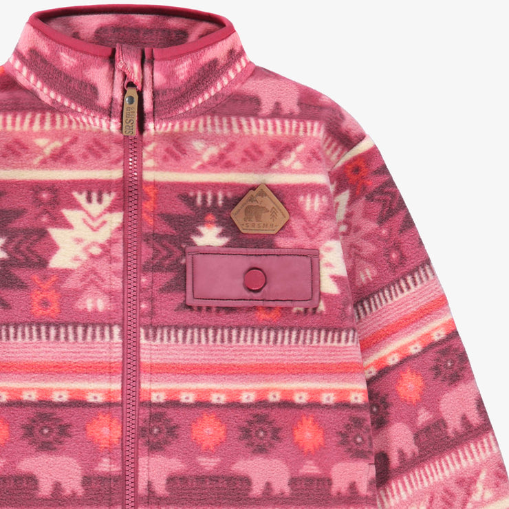 Zoom détails de la veste rose en polar avec motifs, enfant