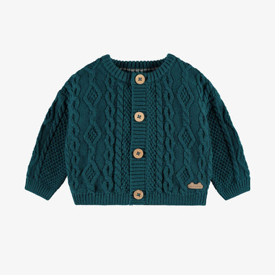Cardigan bleu sarcelle en tricot, naissance