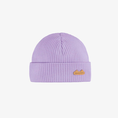 Bonnet mauve en tricot côtelé, naissance