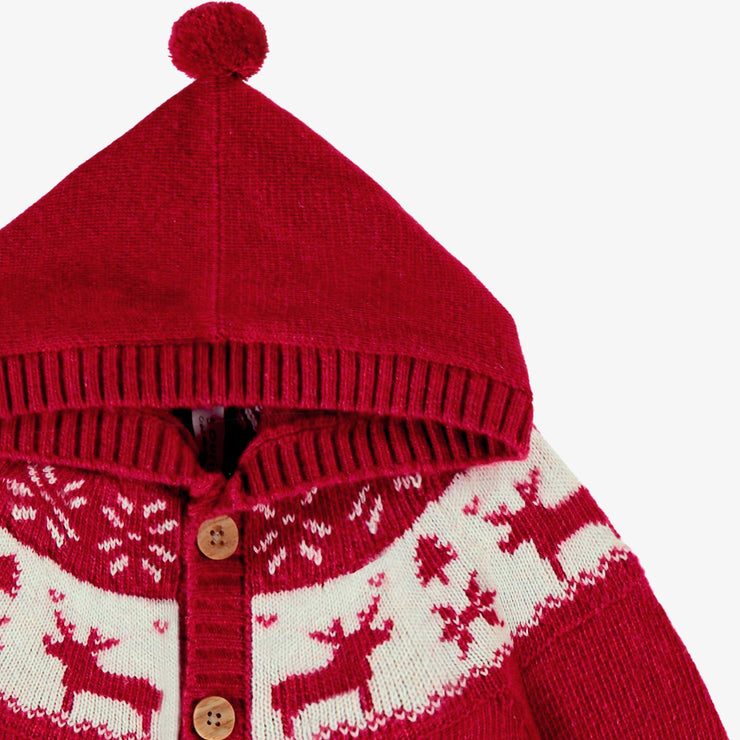 Zoom détails du cardigan rouge en tricot avec motifs jacquard, naissance