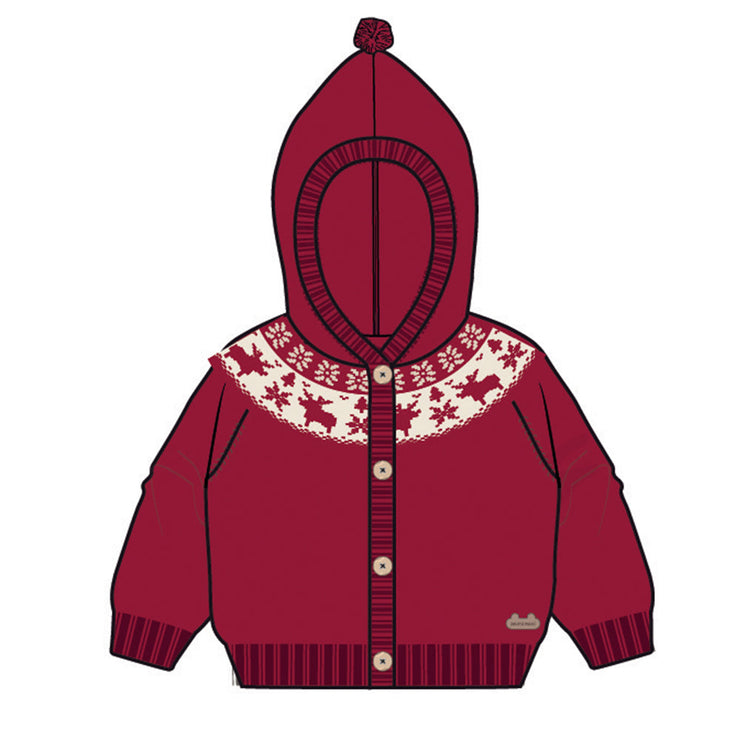 Cardigan rouge en tricot avec motifs jacquard, naissance