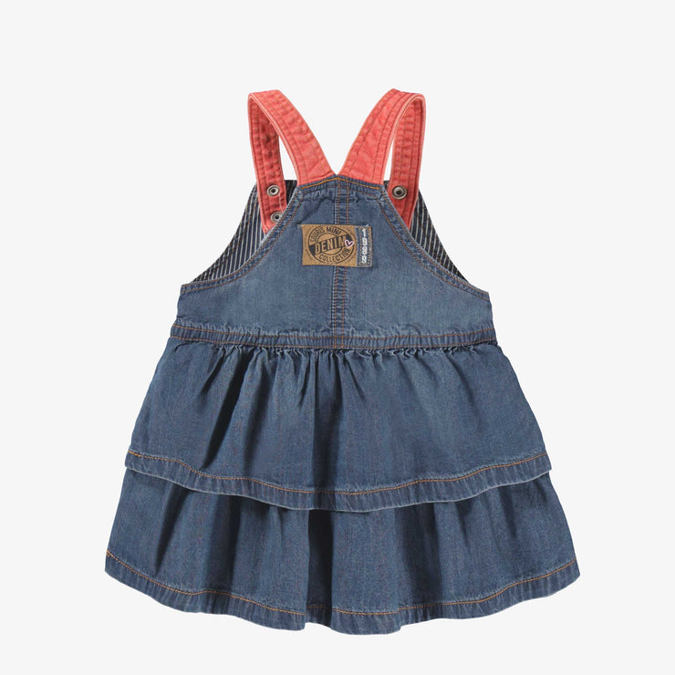 Dos de la robe chasuble bleu en denim, bébé