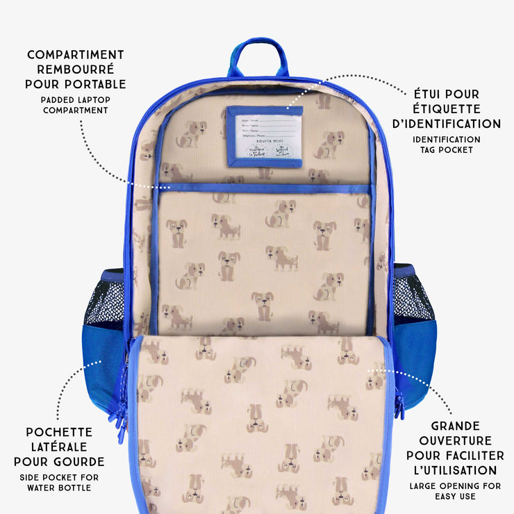 Points techniques du sac à dos bleu, enfant